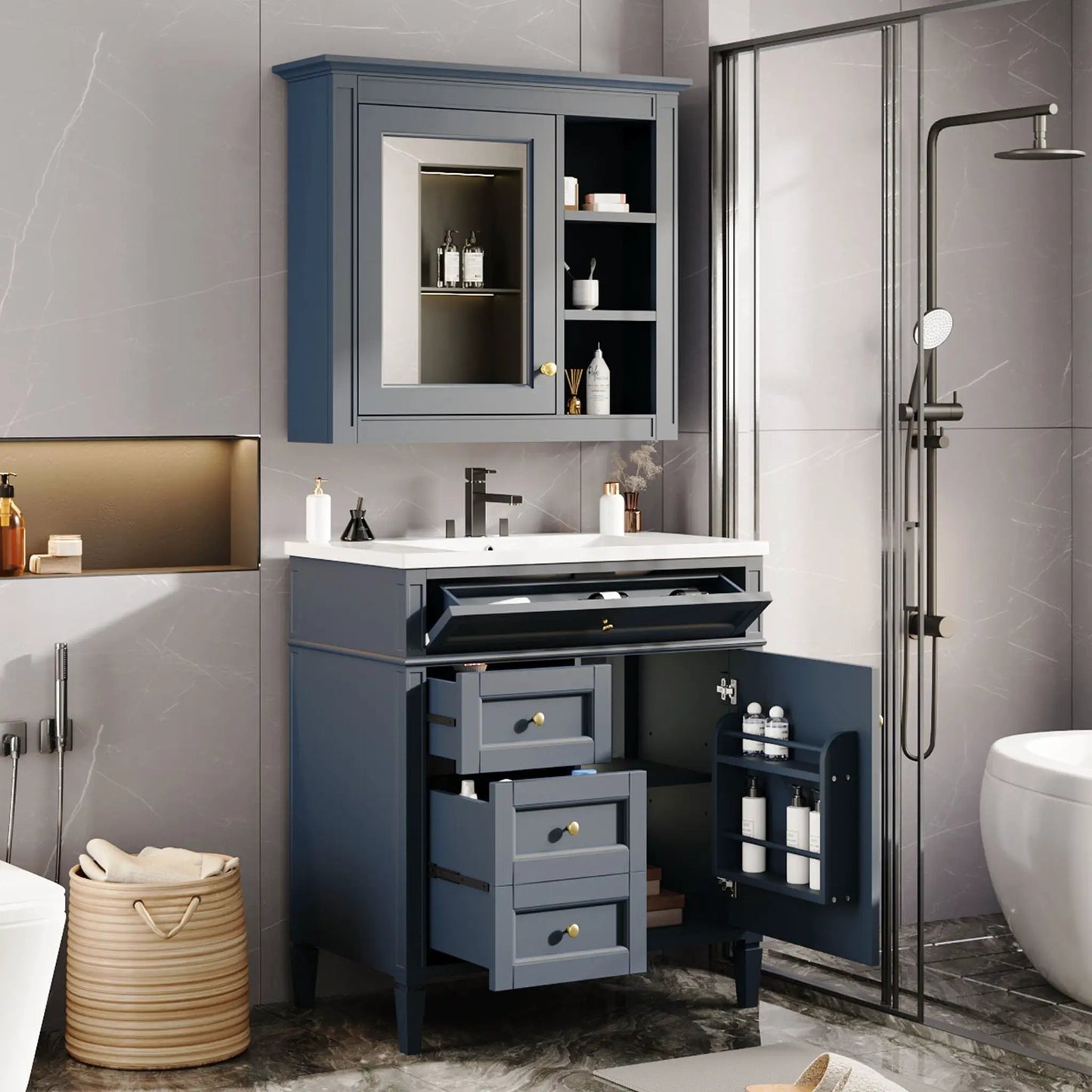Bathroom vanity with medicine cabinet in blue-gray with 2 soft-closing doors and 4 drawers on Tampa Home & Garden Store