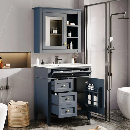 Bathroom vanity with medicine cabinet in blue-gray with 2 soft-closing doors and 4 drawers on Tampa Home & Garden Store