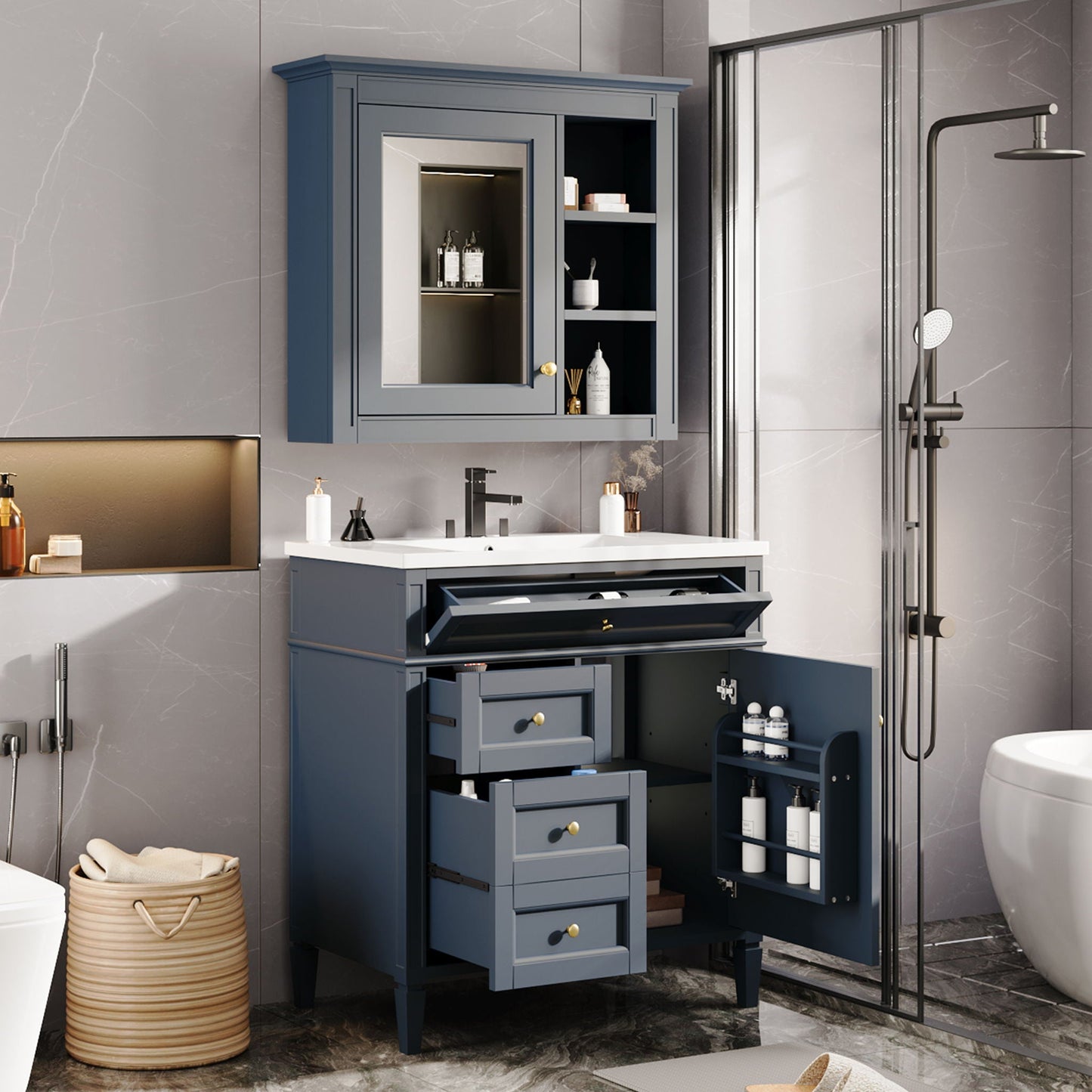 Bathroom vanity with medicine cabinet in blue-gray finish, 2 soft-close doors and 4 drawers on Tampa Home & Garden Store