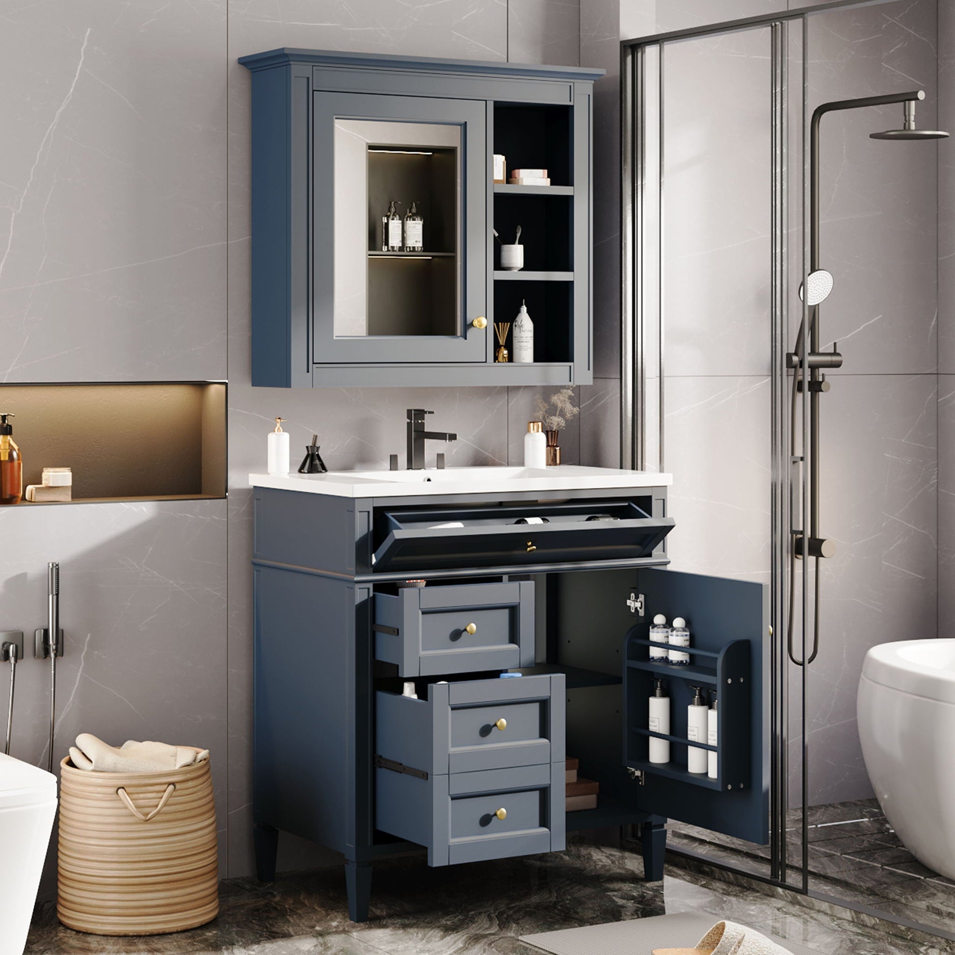 Bathroom vanity with medicine cabinet in blue-gray finish, 2 soft-close doors and 4 drawers on Tampa Home & Garden Store