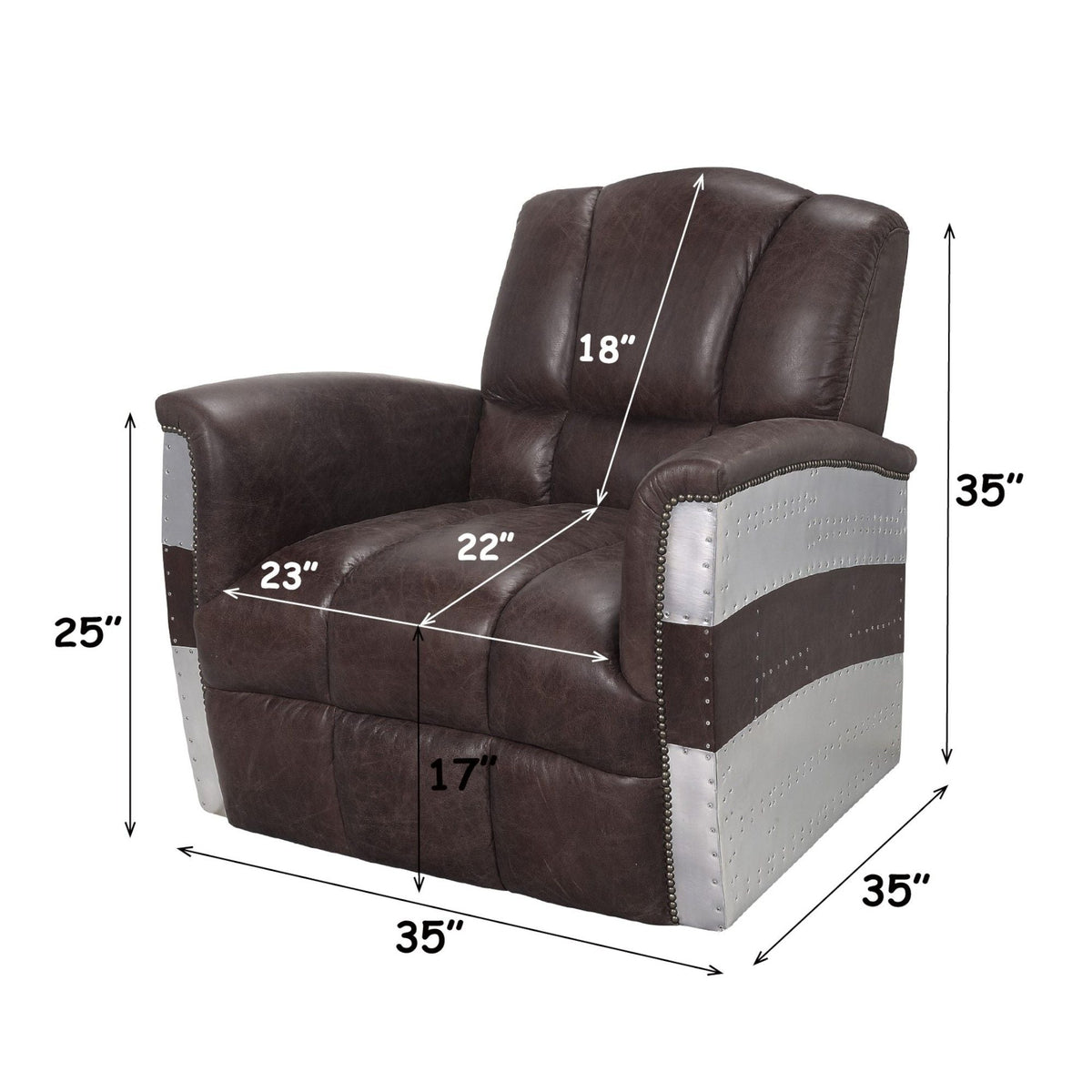 Brown accent arm chair with patchwork aluminum frame and brown leather upholstery on Tampa Home & Garden Store