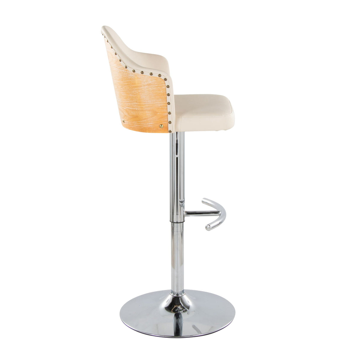 Contemporary adjustable barstool with beige upholstery, studded wood back, chrome base on Tampa Home & Garden Store