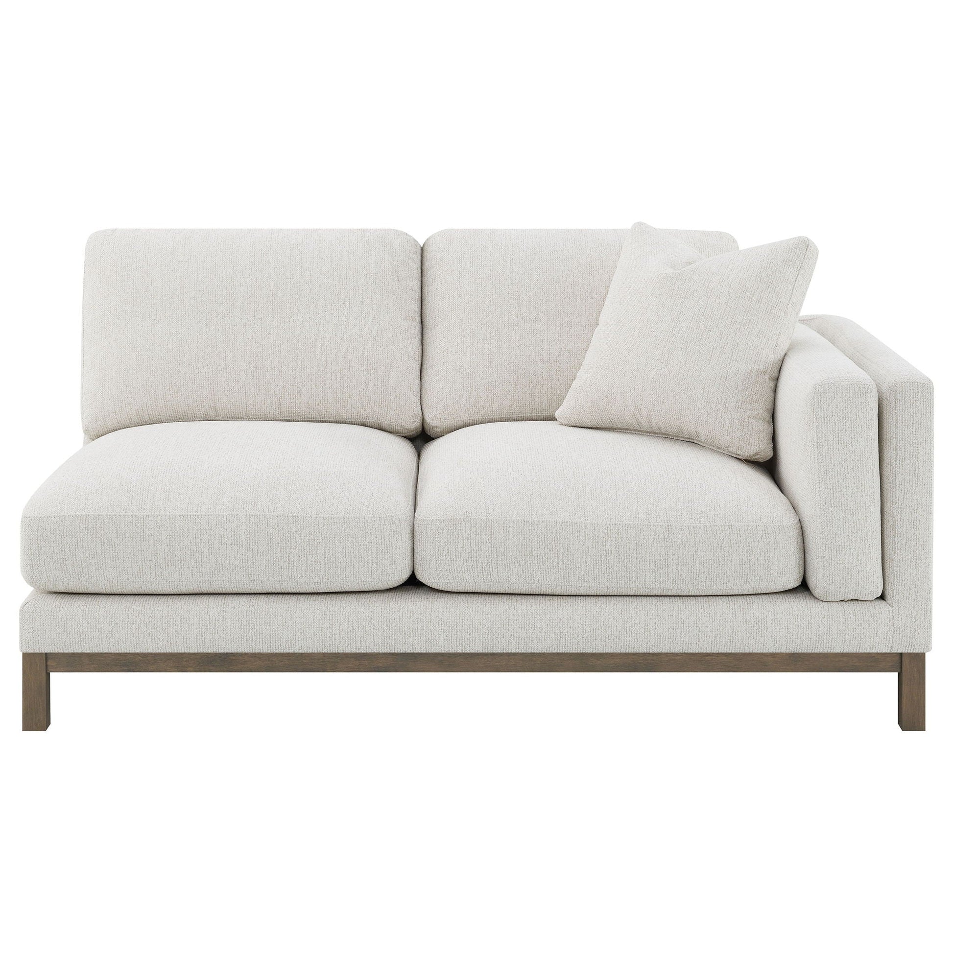 O'Brien sectional sofa with left chaise in sand beige fabric, plush cushions, wood base on Tampa Home & Garden Store