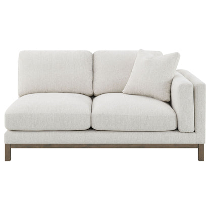 O'Brien sectional sofa with left chaise in sand beige fabric, plush cushions, wood base on Tampa Home & Garden Store
