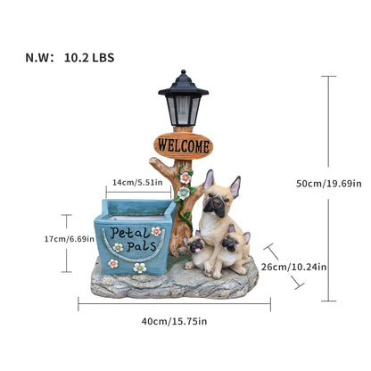 French Bulldog Family Planter Statue with Welcome lamp post and blue planter by HouseOfZazla on Tampa Home & Garden Store