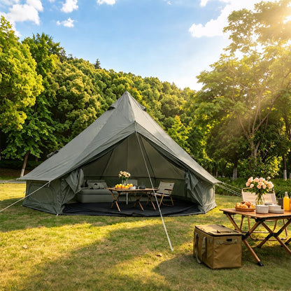 GemGear Oxford Bell Tent 13.1ft with stove jack, olive-green canvas, family camping setup on Tampa Home & Garden Store