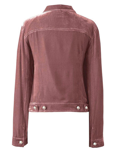 Stevvex burgundy trucker jacket back view, casual button-up long sleeves, metal buttons on Tampa Home & Garden Store