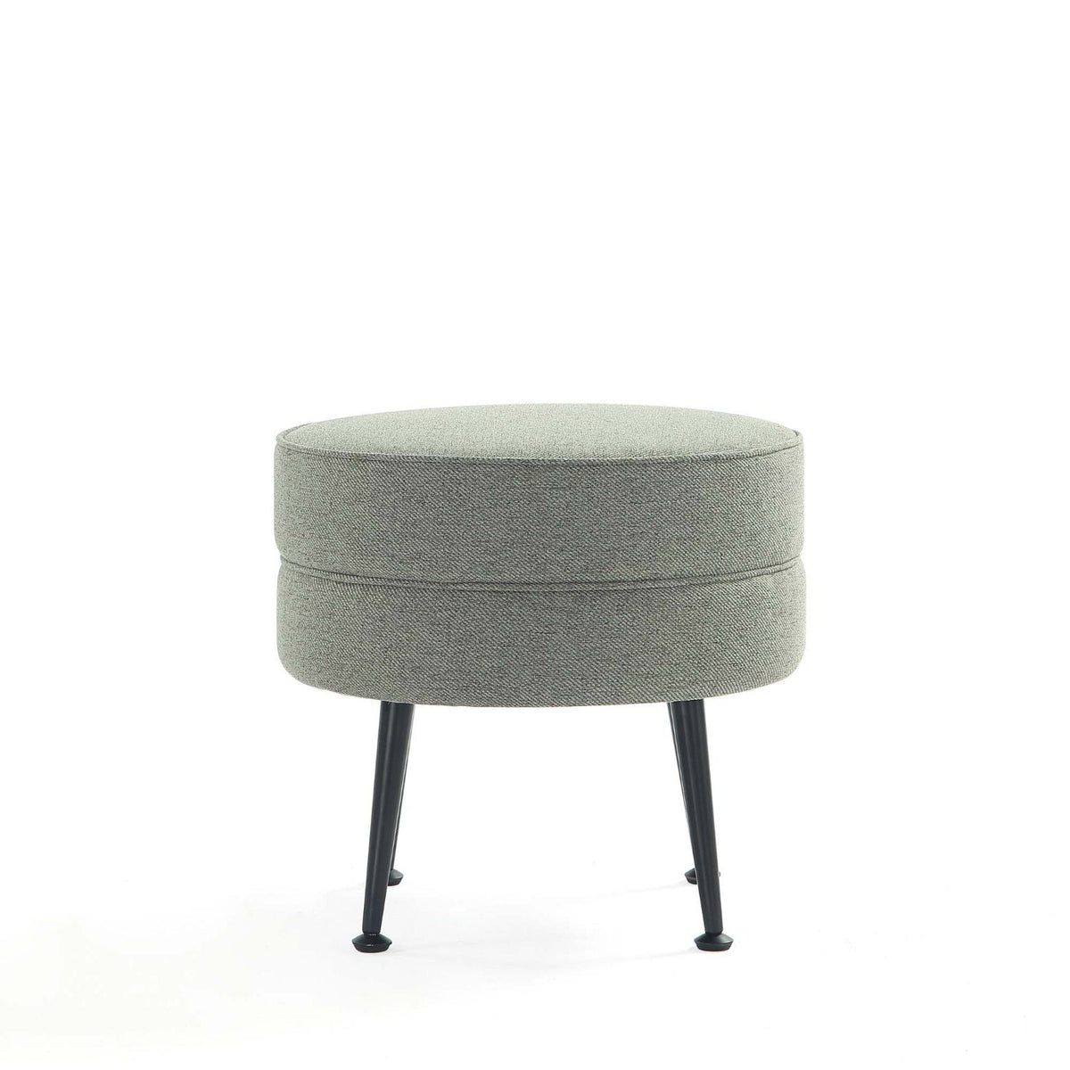Bailey Accent Ottoman, round grey upholstered bench with black metal legs on Tampa Home & Garden Store