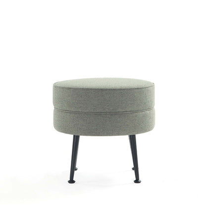 Bailey Accent Ottoman, round grey upholstered bench with black metal legs on Tampa Home & Garden Store