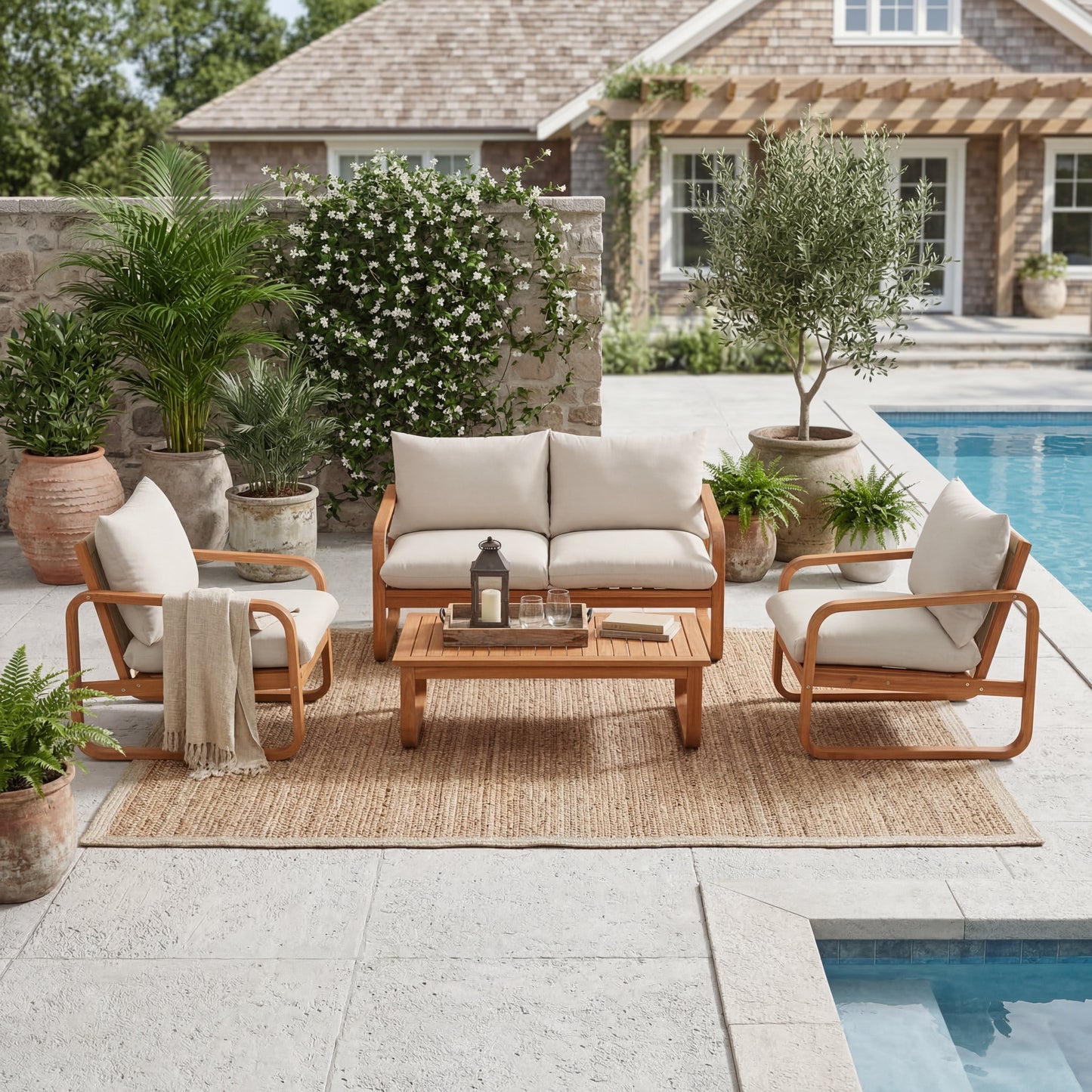 4 Piece Acacia Wood Patio Set and Thick Cushions