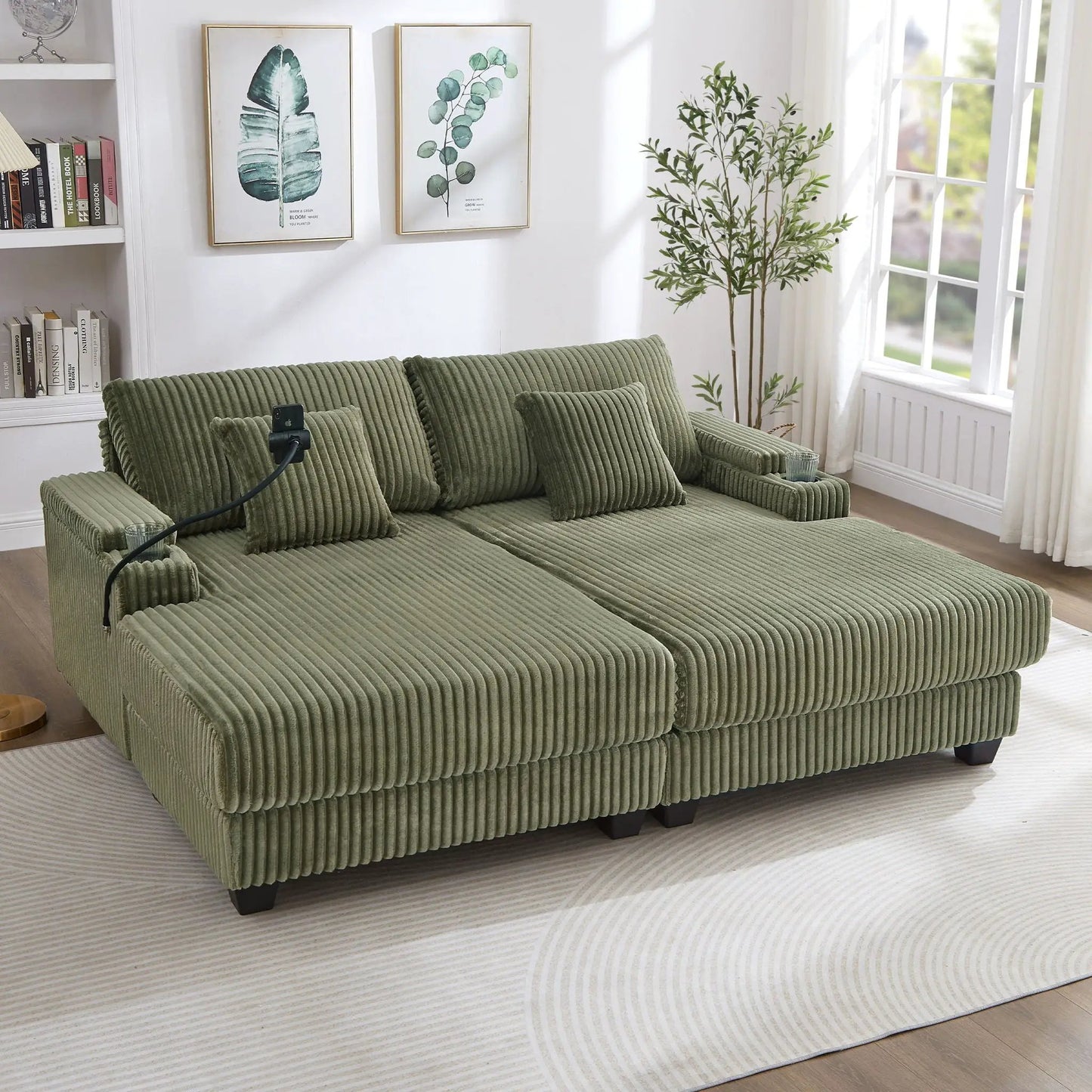 Green corduroy chaise sofa by Unique Piece Furniture in a bright living room on Tampa Home & Garden Store