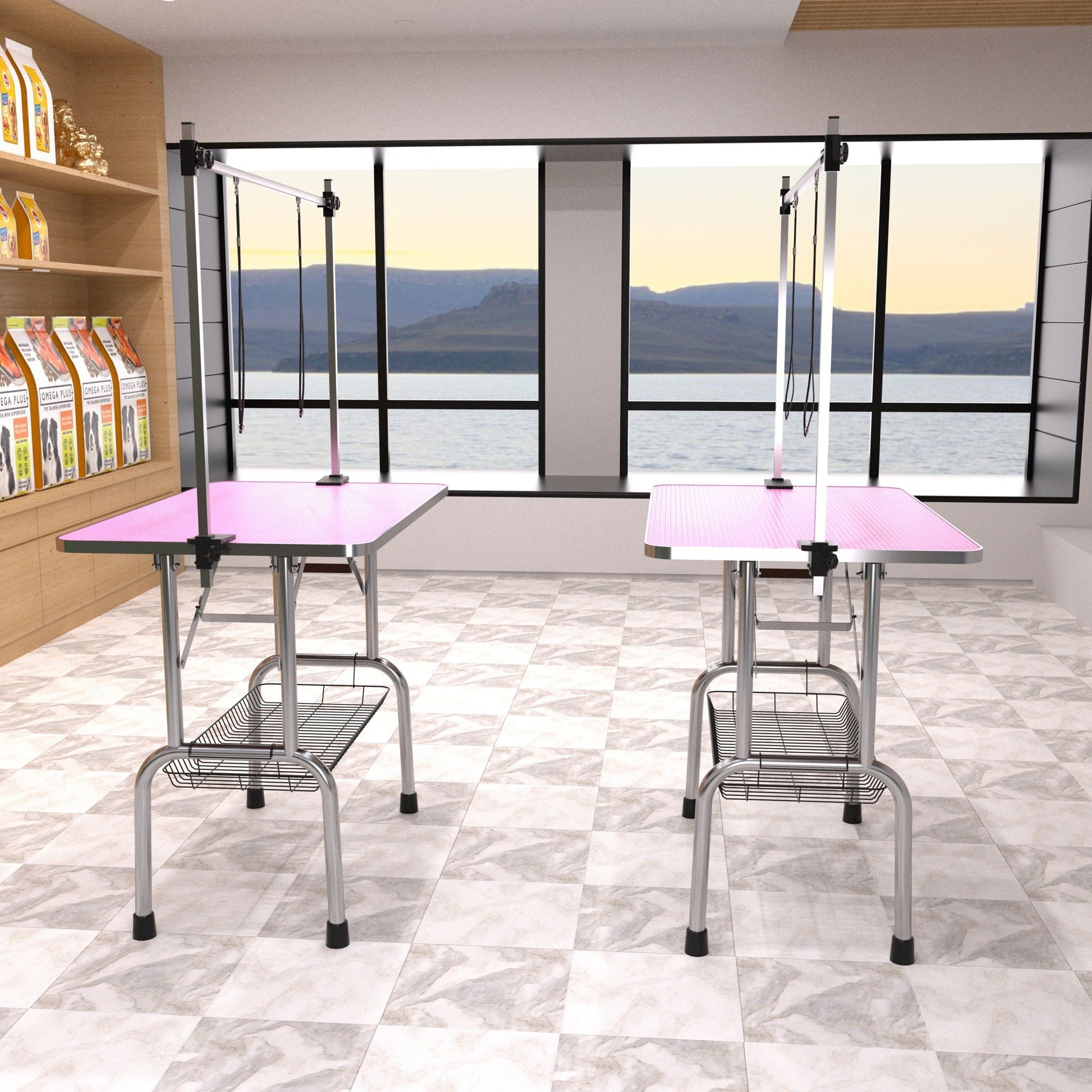 Two folding dog grooming tables with pink mats, stainless steel frame, adjustable arms and clamps on Tampa Home & Garden Store