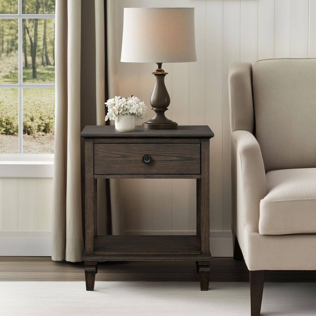 Bedside table with drawer and shelf in dark brown solid wood beside a lamp on Tampa Home & Garden Store