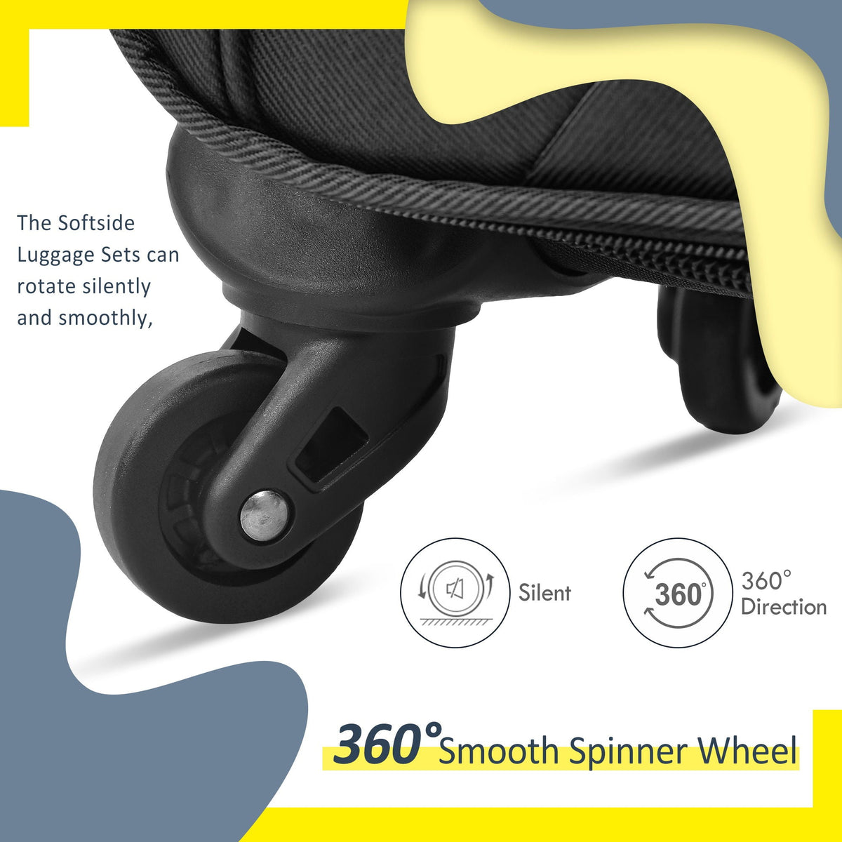 Softside luggage 360° spinner wheel close-up with black and yellow accent HouseOfZazla on Tampa Home & Garden Store