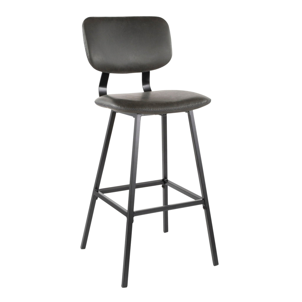 Contemporary barstool with zigzag stitching, black gray faux leather, seat and back, metal legs on Tampa Home & Garden Store