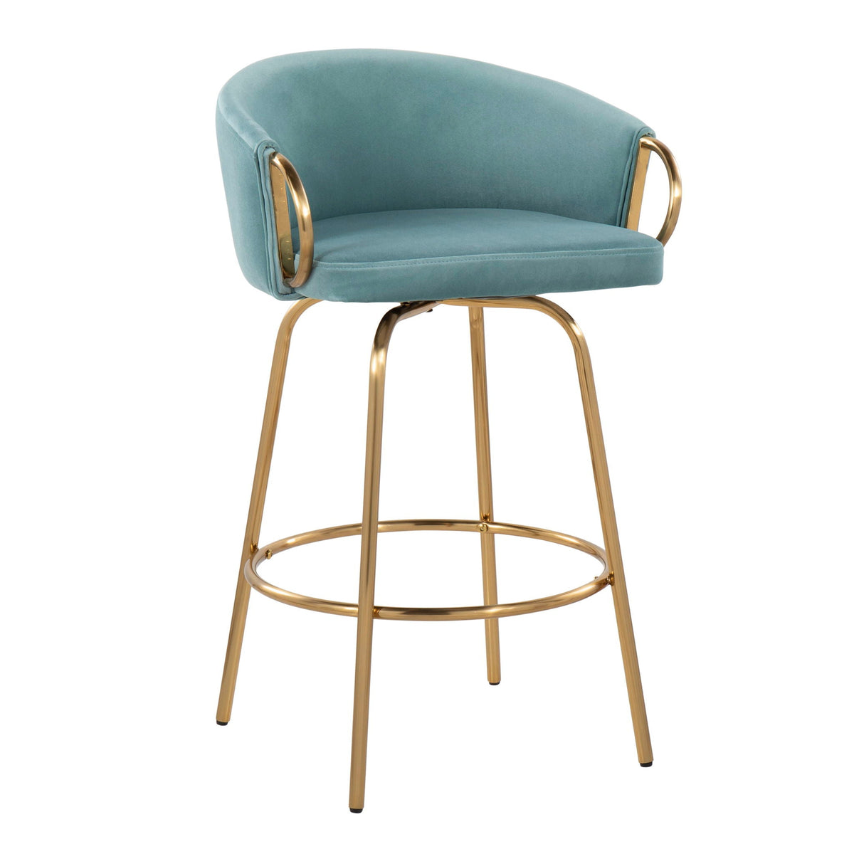 Claire Contemporary Counter Stools with Swivel teal velvet seats and gold metal legs set of 2 on Tampa Home & Garden Store