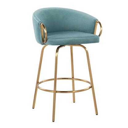Claire Contemporary Counter Stools with Swivel teal velvet seats and gold metal legs set of 2 on Tampa Home & Garden Store