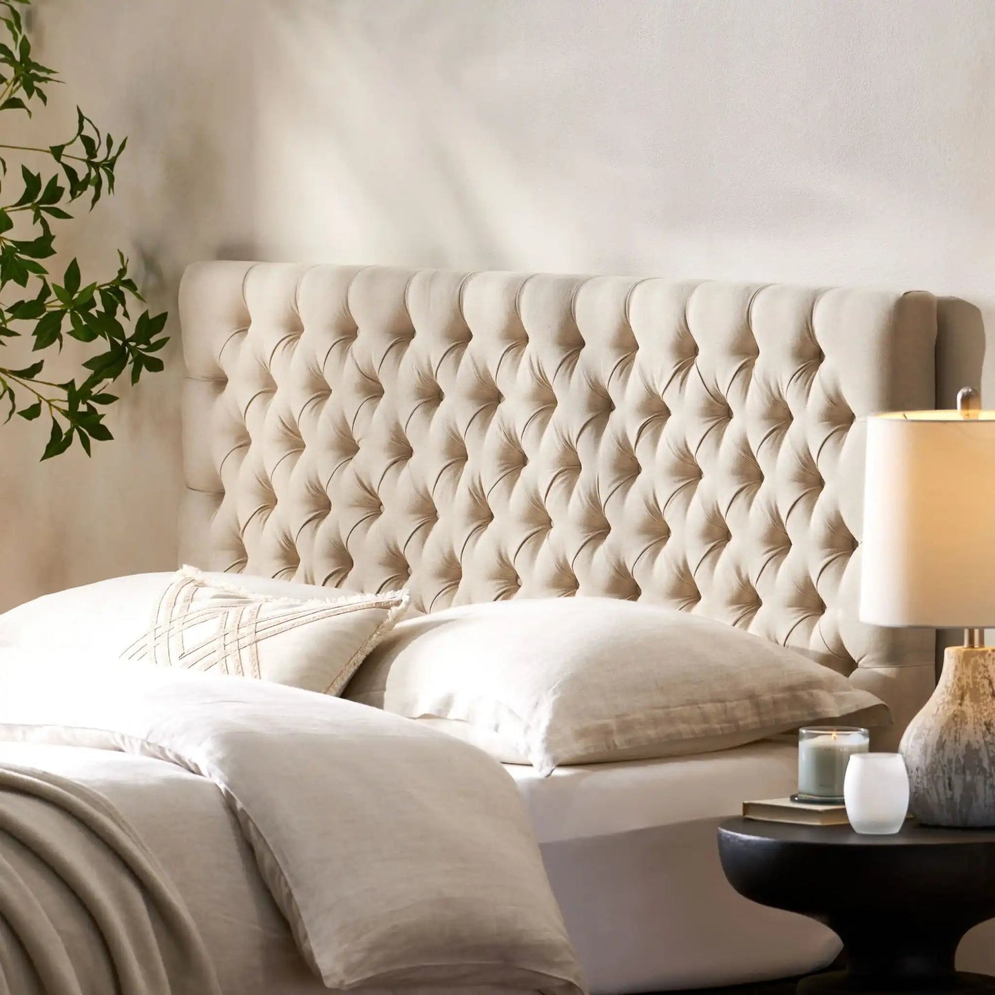 Annecy Contemporary Upholstered Headboard by HouseOfZazla in beige tufted fabric on Tampa Home & Garden Store