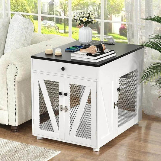 Dog crate end table with drawer, USB charging, white wood, black top, mesh doors on Tampa Home & Garden Store