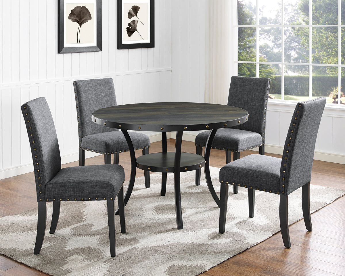 Biony Espresso Wood Dining Set with Nailhead Chairs, gray fabric, round table, 4 chairs on Tampa Home & Garden Store