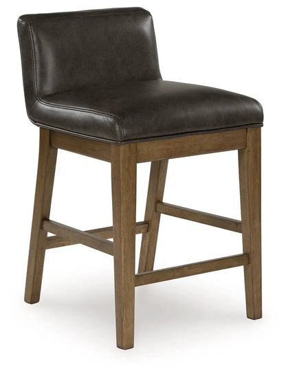 Cabalynn upholstered barstool two-tone brown seat with natural wood legs on Tampa Home & Garden Store
