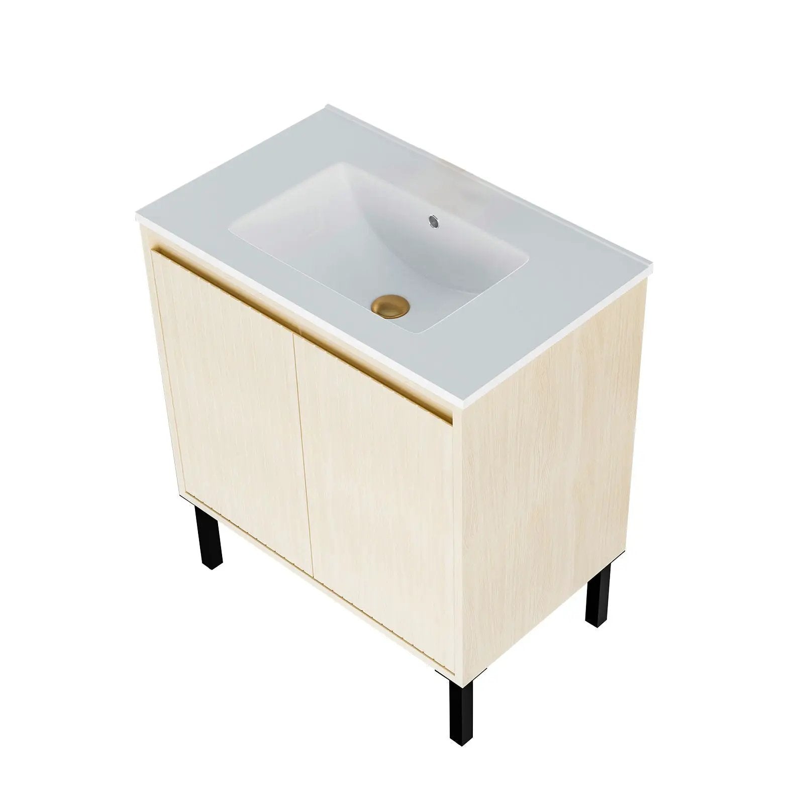 Vanity cabinet with ceramic sink, light wood finish, floor-standing design, soft-close drawers on Tampa Home & Garden Store