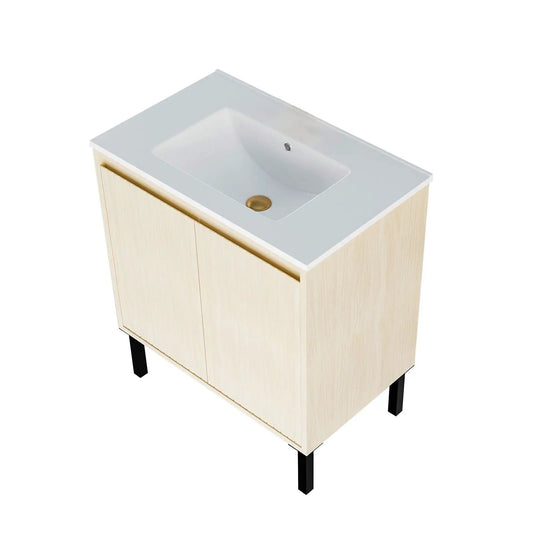 Vanity cabinet with ceramic sink, light wood finish, floor-standing design, soft-close drawers on Tampa Home & Garden Store