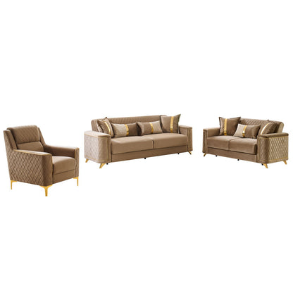 3-piece upholstered living room set with gold-tone legs; beige armchair, sofa, loveseat on Tampa Home & Garden Store