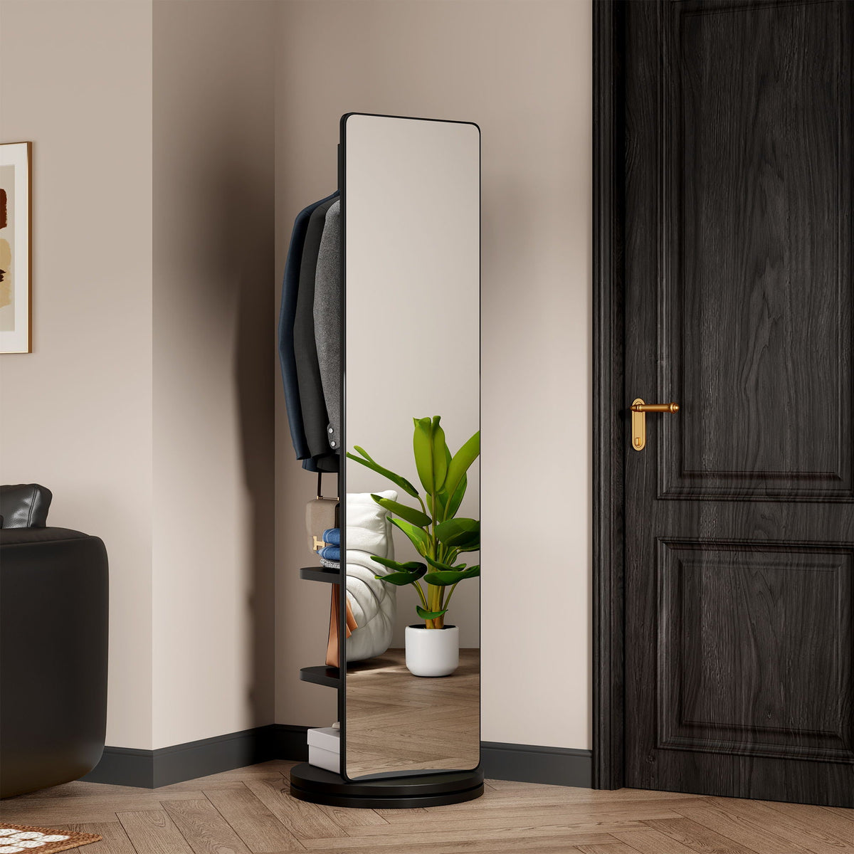 HouseOfZazla 3-in-1 full-length black-framed clothing mirror with rotating design and shelves on Tampa Home & Garden Store