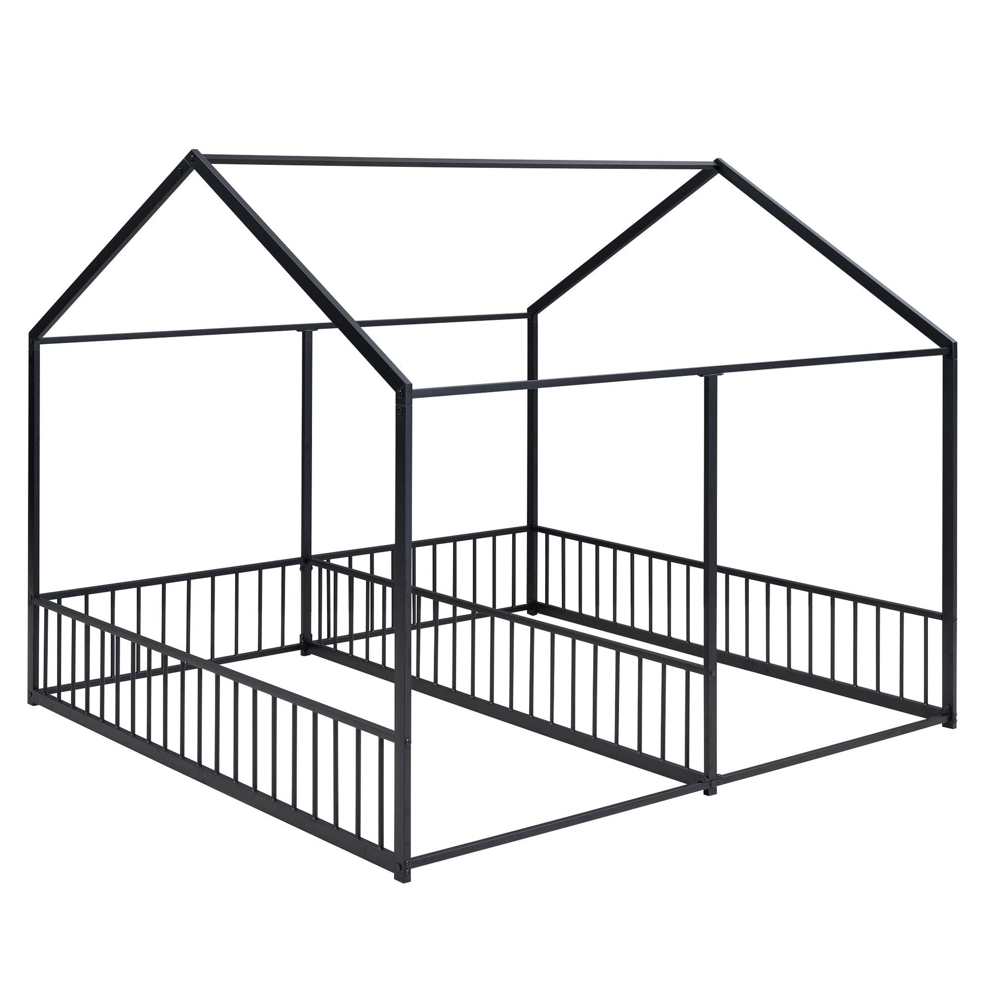 House Platform Beds, 2 shared beds, black metal frame with guardrails HouseOfZazla on Tampa Home & Garden Store