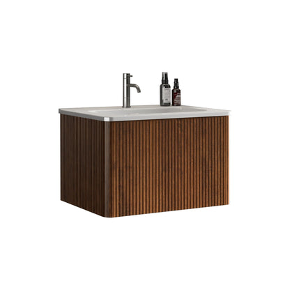 HouseOfZazla striped wood bathroom vanity with white ceramic sink, wall-mounted on Tampa Home & Garden Store