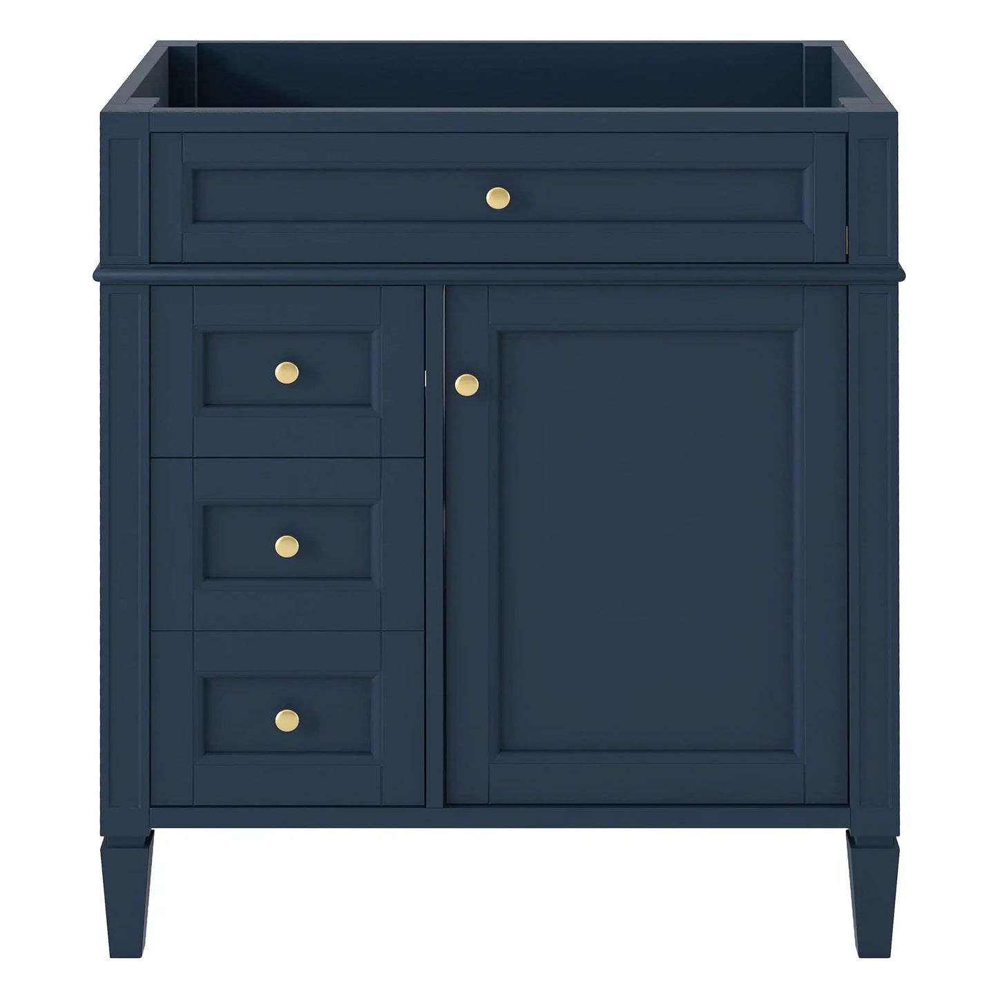 Bathroom vanity base in navy blue with two drawers and tip-out drawer, gold knob hardware on Tampa Home & Garden Store