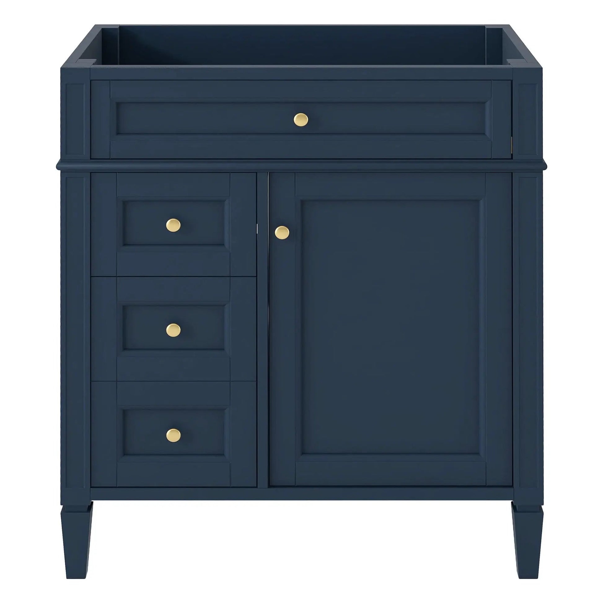 Bathroom vanity base in navy blue with two drawers and tip-out drawer, gold knob hardware on Tampa Home & Garden Store