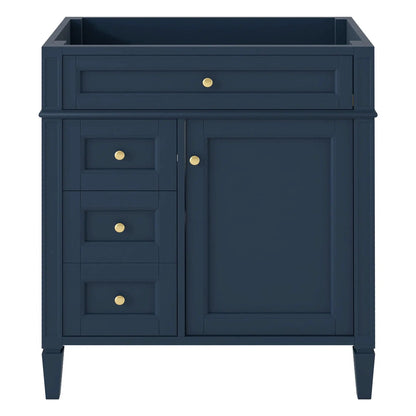 Bathroom vanity base in navy blue with two drawers and tip-out drawer, gold knob hardware on Tampa Home & Garden Store