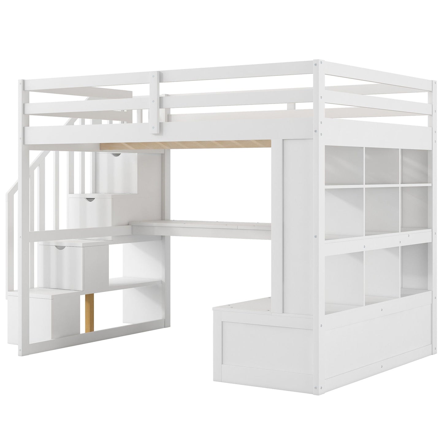 Full size white loft bed with desk, shelves, storage staircase, HouseOfZazla on Tampa Home & Garden Store