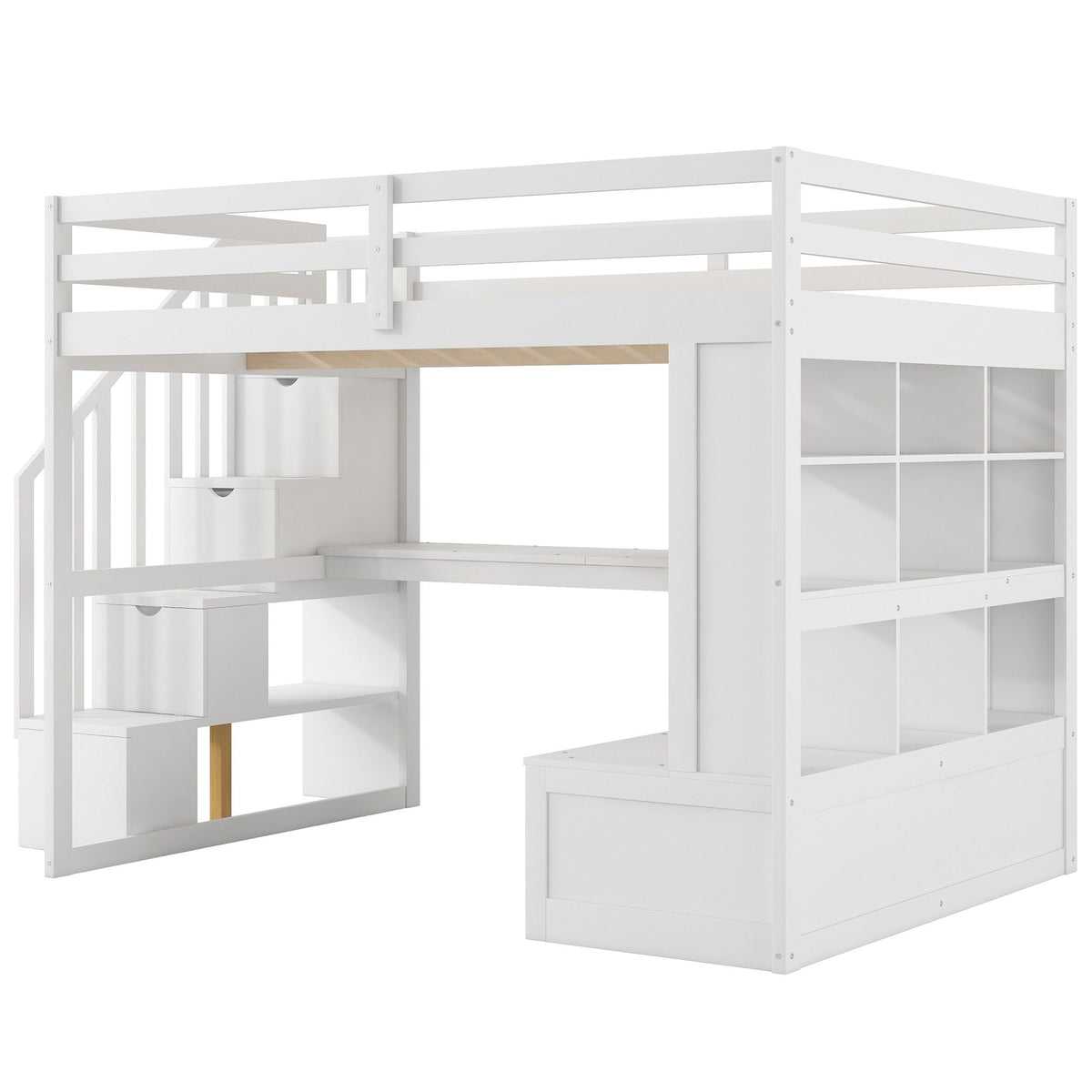Full size white loft bed with desk, shelves, storage staircase, HouseOfZazla on Tampa Home & Garden Store
