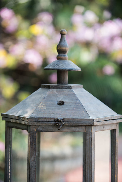 S/2 Graca Polygon Temple Garden Lanterns weathered metal lantern with pyramid roof on Tampa Home & Garden Store