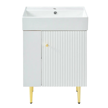 Bathroom vanity with single ceramic sink, white finish, ribbed cabinet panel, gold legs on Tampa Home & Garden Store