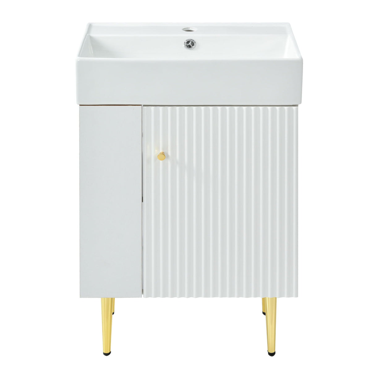Bathroom vanity with single ceramic sink, storage, white ribbed cabinet, gold knob HouseOfZazla on Tampa Home & Garden Store