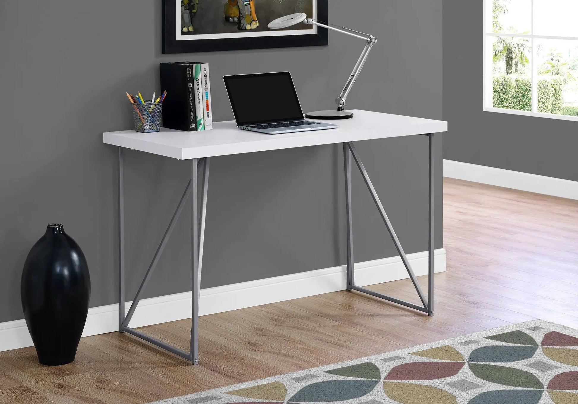 White computer desk with metal legs for home office, modern design by Unique Piece Furniture on Tampa Home & Garden Store