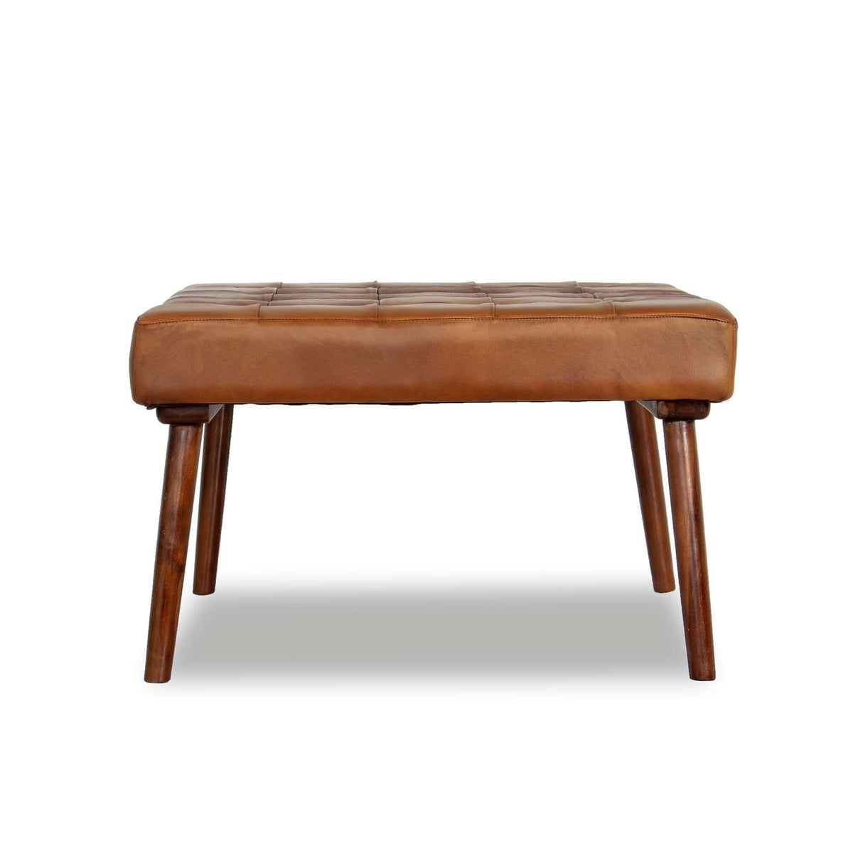 Tufted square upholstered ottoman in light brown leather with dense foam, coffee table on Tampa Home & Garden Store