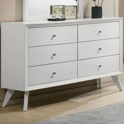 Dresser with mirror, white finish, six drawers with round knobs and angled legs on Tampa Home & Garden Store