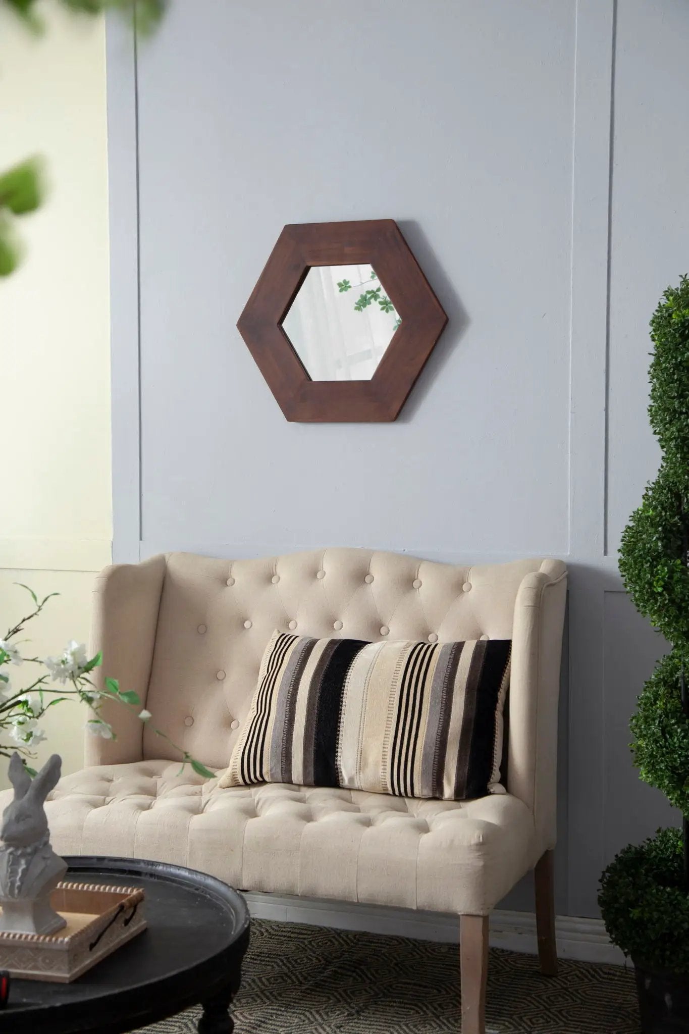 Hexagon mirror with dark brown natural wood frame, accent decor by Unique Piece Furniture on Tampa Home & Garden Store