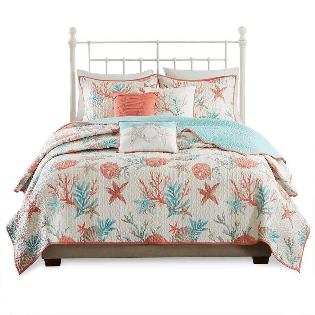 Cotton sateen quilt set with coral sea life print and pillows Full/Queen by HouseOfZazla on Tampa Home & Garden Store