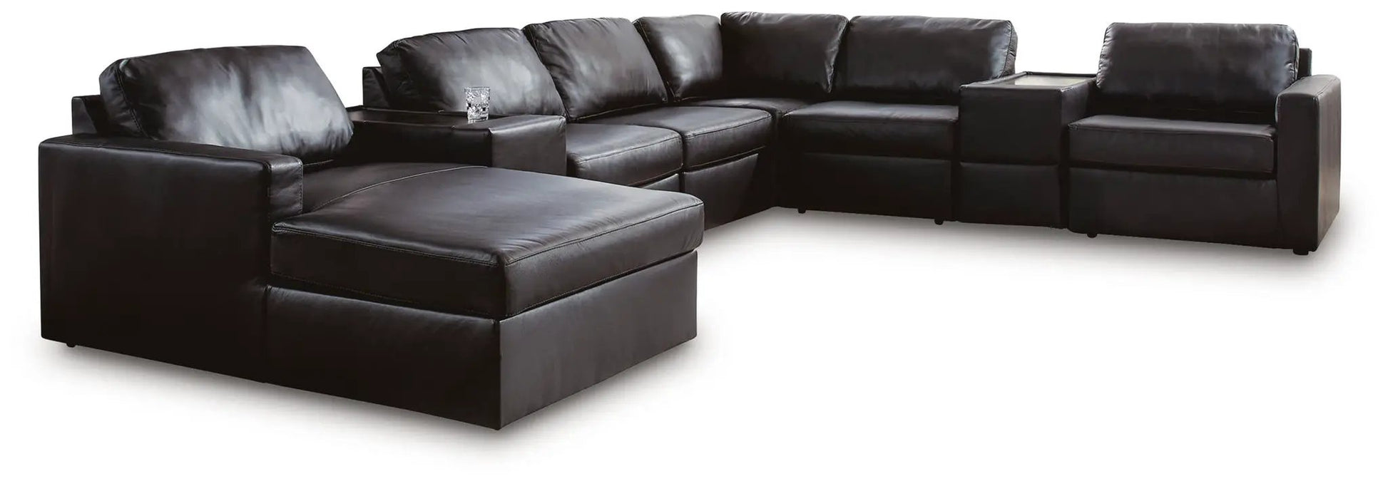 ModMax II Sectional in black leather, L-shaped stationary sofa with chaise and ottoman on Tampa Home & Garden Store