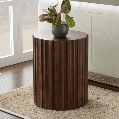 Rolf side table by HouseOfZazla; dark brown ribbed round wood pedestal with a potted plant on Tampa Home & Garden Store