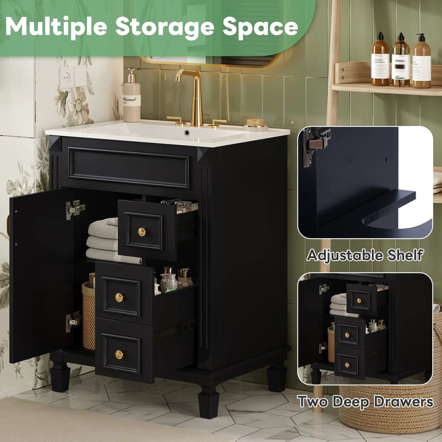 Bathroom vanity with sink, black cabinet, white top, 2 drawers, adjustable shelf gold faucet on Tampa Home & Garden Store