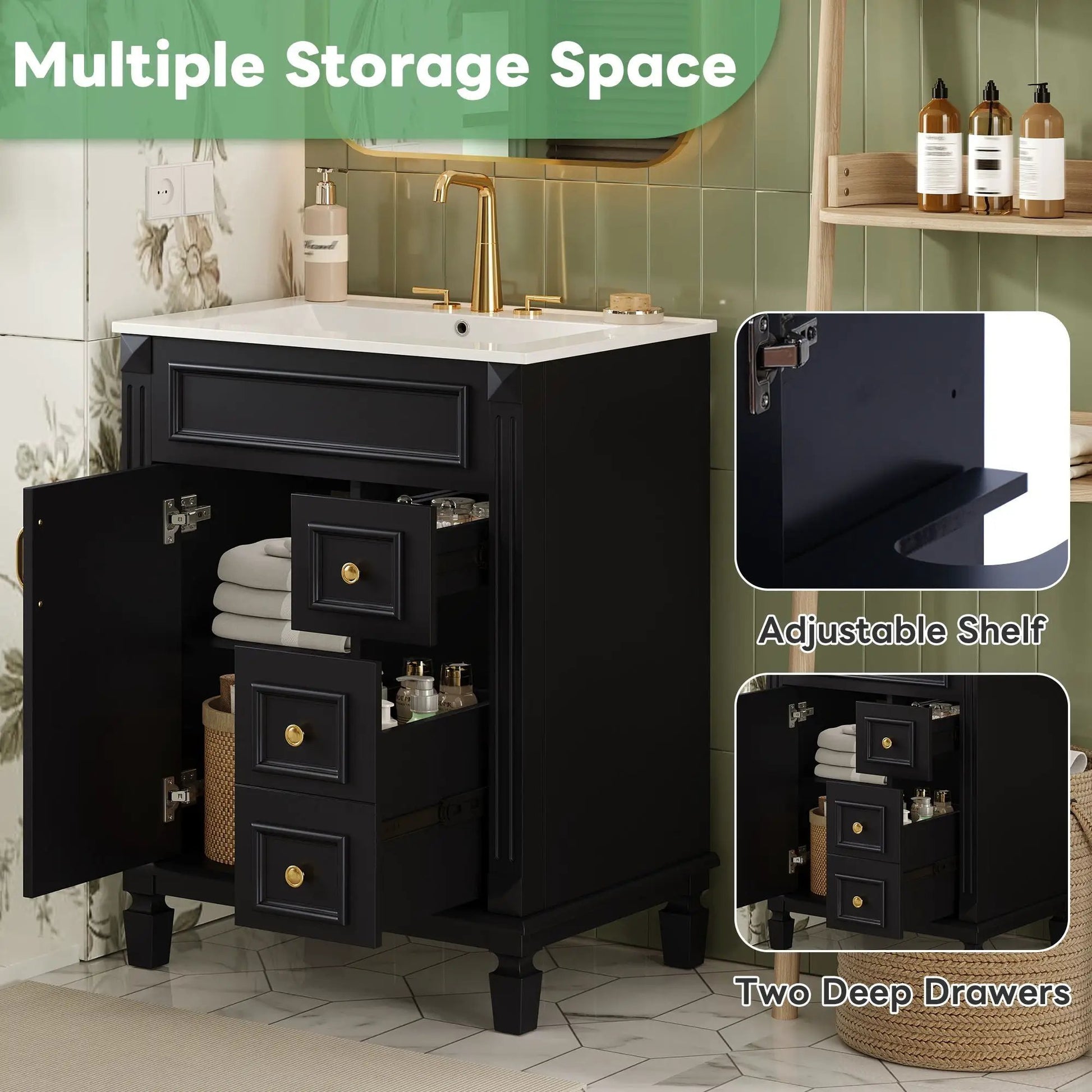 Bathroom vanity with sink, black cabinet, white top, 2 drawers, adjustable shelf gold faucet on Tampa Home & Garden Store