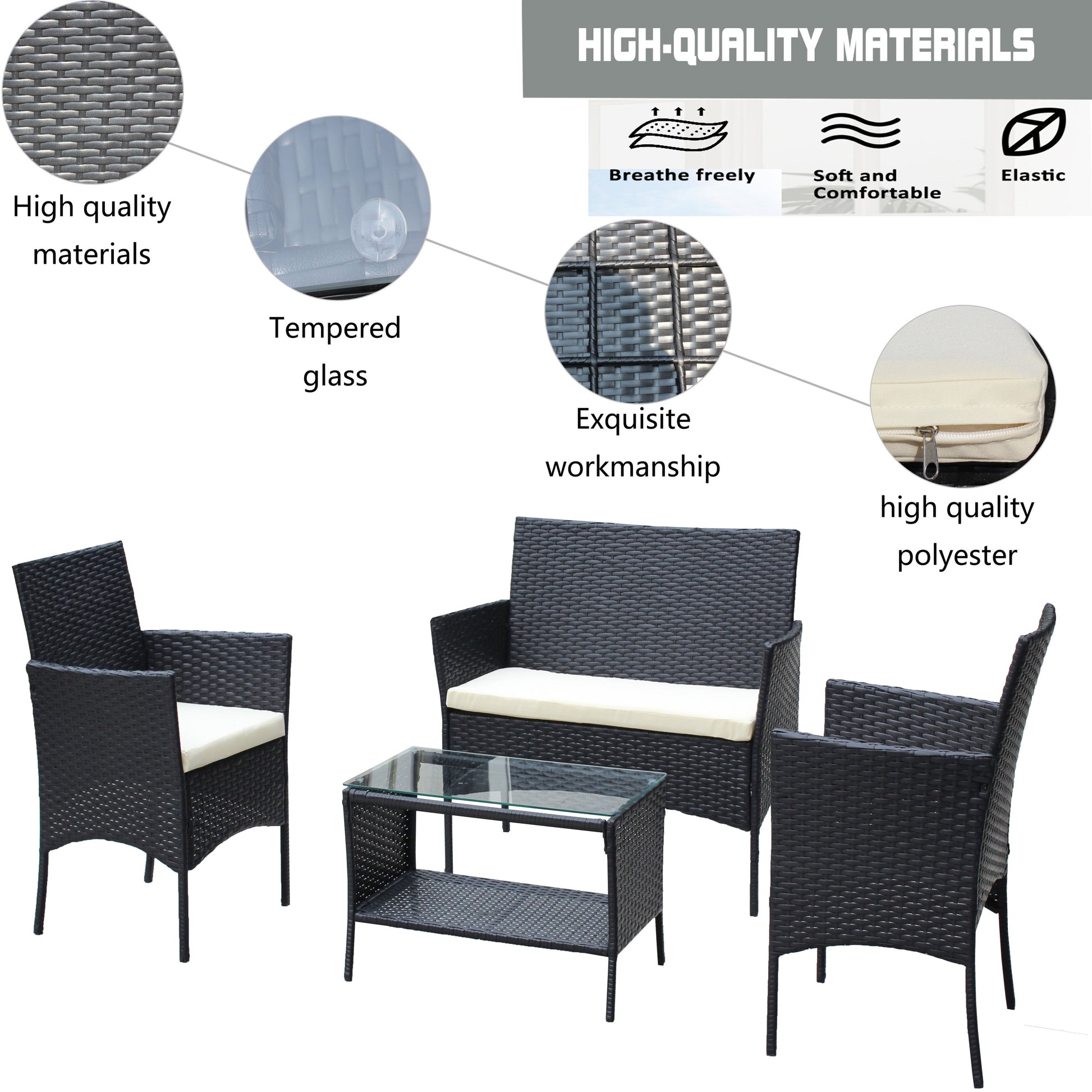 4 pc rattan patio furniture set with black wicker chairs and cream cushions around a glass table on Tampa Home & Garden Store