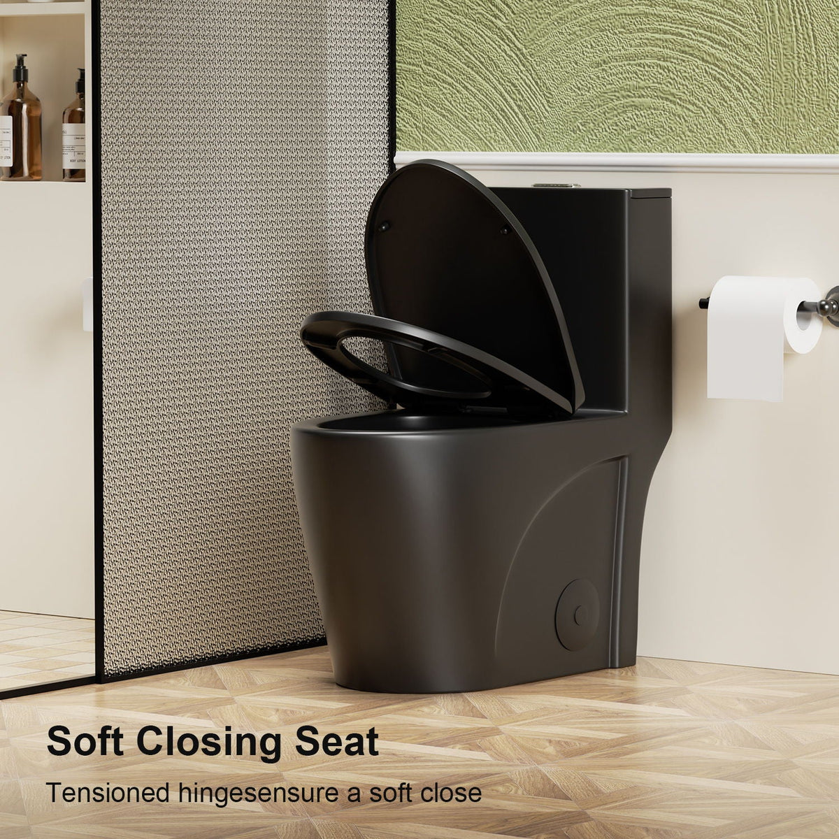 Toilet black ADA-height one-piece with soft-close seat in a modern bathroom on Tampa Home & Garden Store